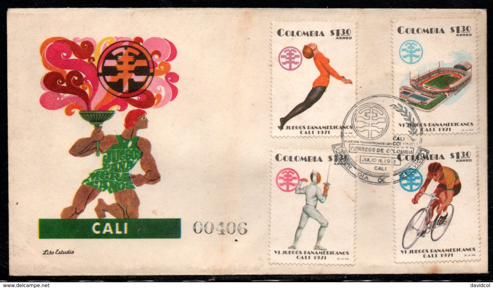 COLOMBIA- KOLUMBIEN - 1971.FDC/SPD. PANAMERICAN GAMES CALI'71. GIMNASTICS,STADIUM,CICLISM AND FENCING - Colombie