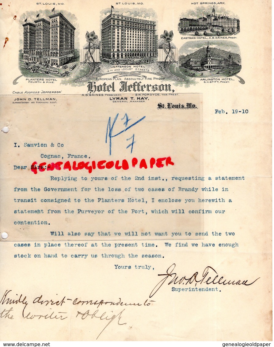 ETATS UNIS AMERIQUE- RARE LETTRE HOTEL JEFFERSON-SAINT LOUIS-PLANTERS -EASTMAN -ARLINGTON-GAINES-FORDYCE-LYMAN T. HAY - United States