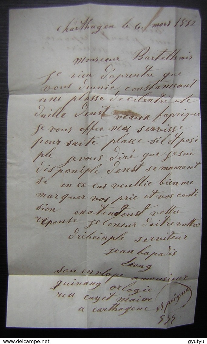 1852 Marque D'entrée Espagne Par Saint Jean De Luz En Rouge Sur Une Lettre De Carthagène (Murcie) - Marques D'entrées