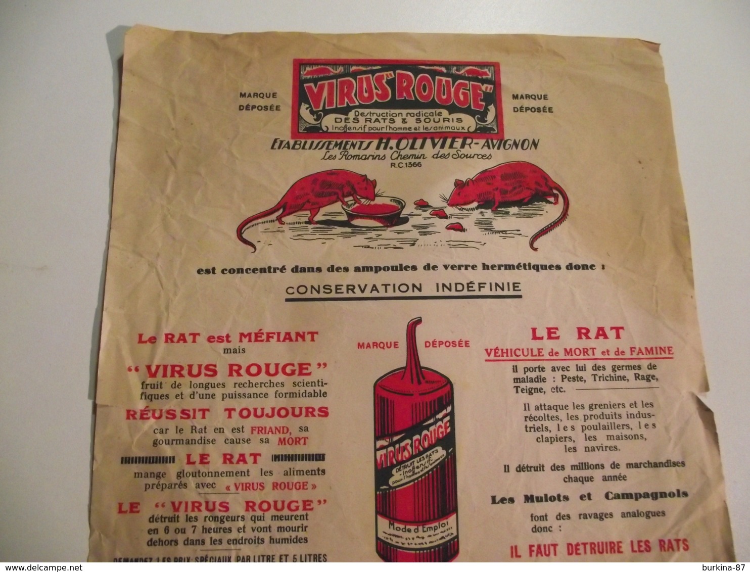 Feuillet Publicitaire, Vers 1920, Virus Rouge,raticide, Limoges - Publicités
