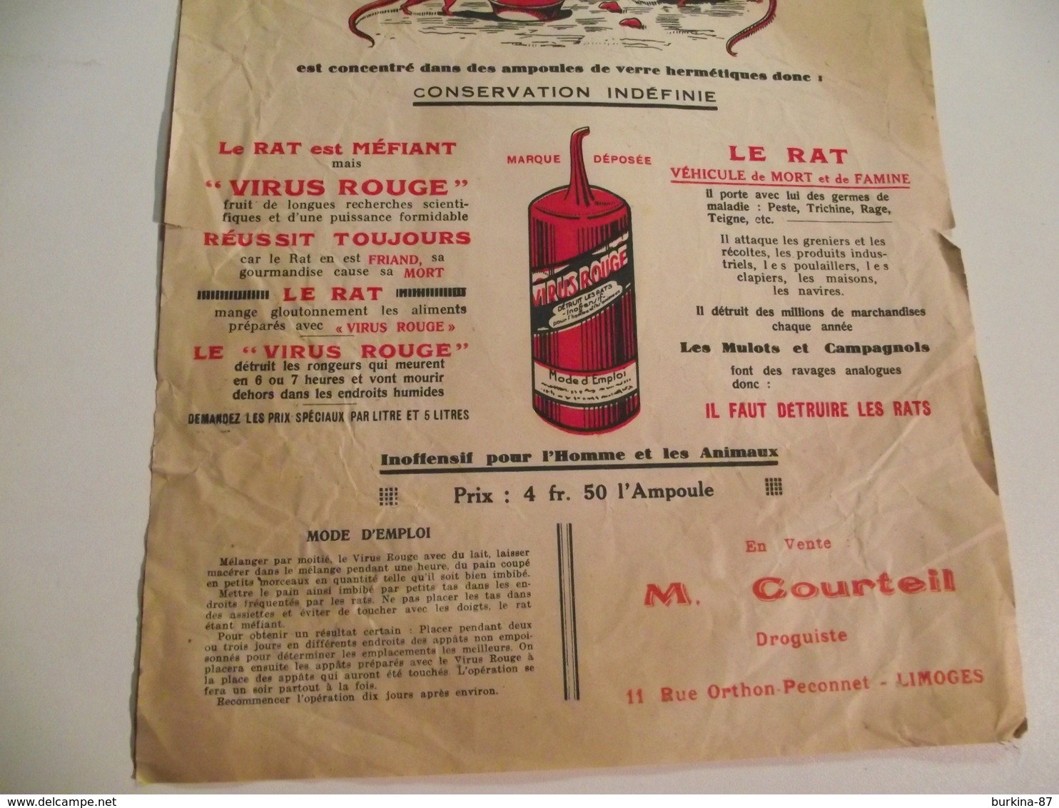 Feuillet Publicitaire, Vers 1920, Virus Rouge,raticide, Limoges - Publicités