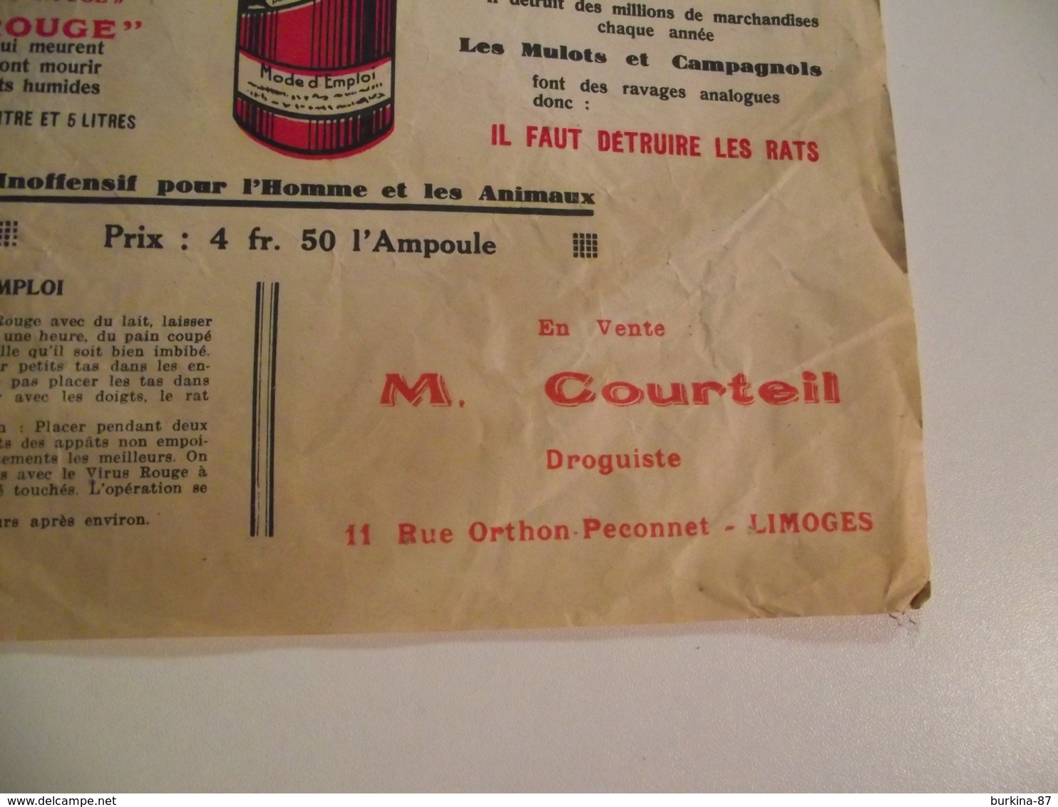 Feuillet Publicitaire, Vers 1920, Virus Rouge,raticide, Limoges - Publicités