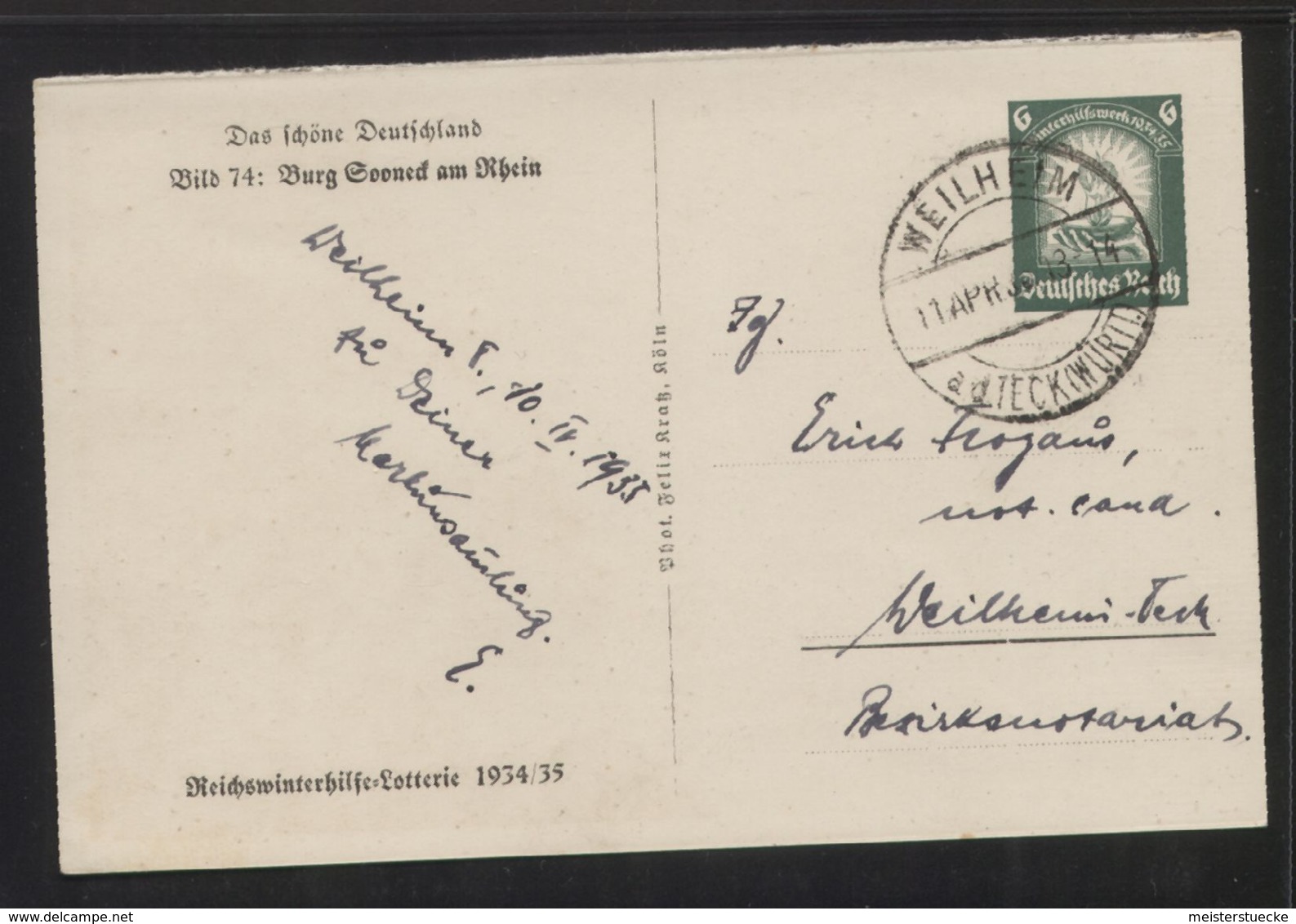 Dt. Reich - Ganzsache/Bild-Postkarte MiNr. P 254 (Burg Sooneck Am Rhein) - Gelaufen 11.4.1935 WEILHEIM A. D. TECK - Sonstige & Ohne Zuordnung