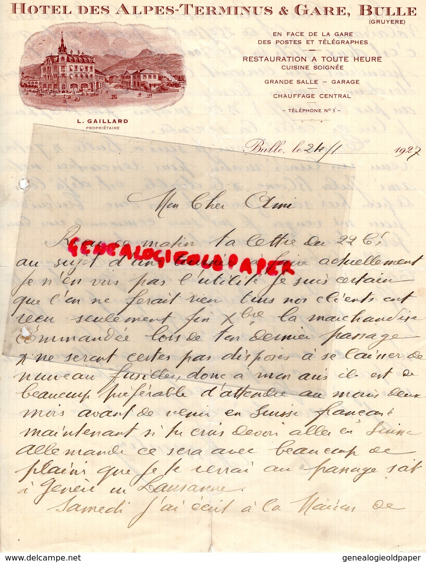 SUISSE- FRIBOURG-BULLE-RARE LETTRE MANUSCRITE HOTEL DES ALPES TERMINUS & GARE-L. GAILLARD PROPRIETAIRE 1927 - Zwitserland