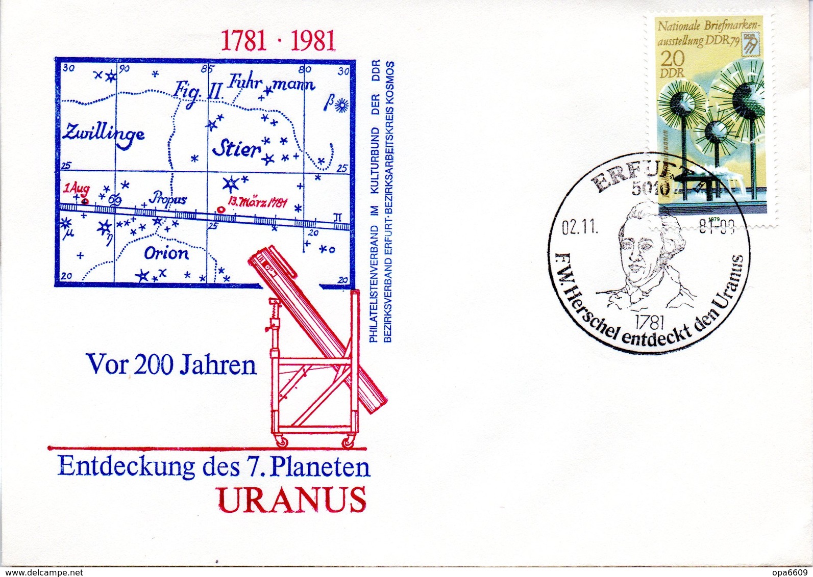 (DDR-B1) DDR Sonderumschlag "Vor 200 Jahren Entdeckung Des 7.Planeten URANUS" EF Mi 2442, SSt.2.11.81 ERFURT 1 - Briefe U. Dokumente