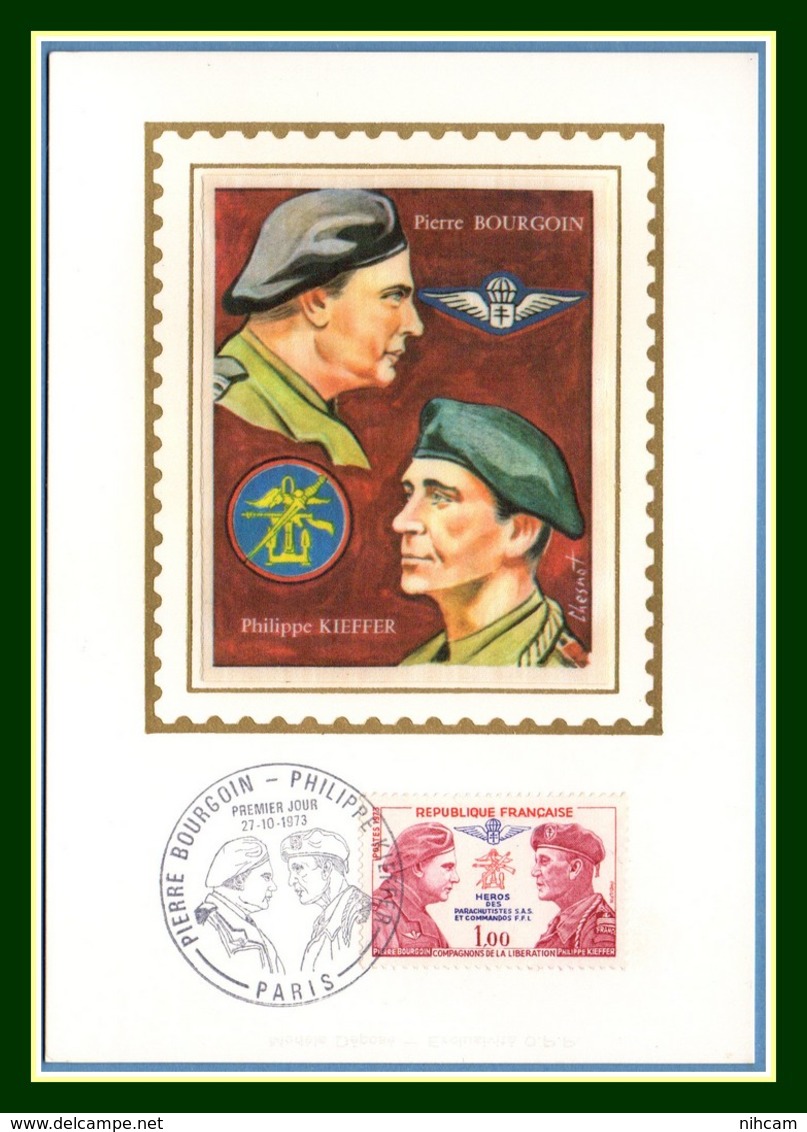 Carte Maximum Silk Soie France N° 1773 Bourgoin Kieffer 1973 Parachutistes Parachutisme - Militaria