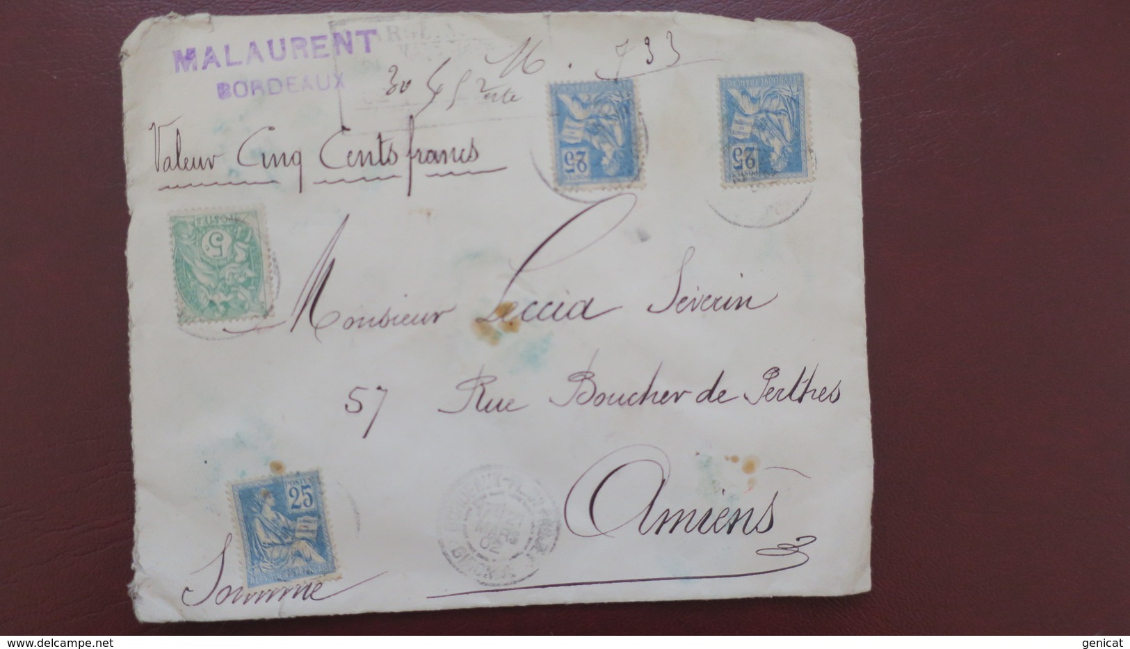 Mouchon Blanc Affranchissement 80 Ct  Sur Lettre Chargé Valeur Déclarée 500 F Bordeaux 1902 - 1877-1920: Semi Modern Period