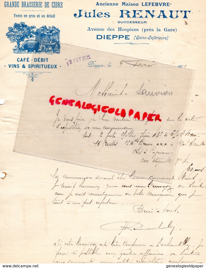 76- DIEPPE- RARE LETTRE GRANDE BRASSERIE DE CIDRE-JULES RENAUT-MAISON LEFEBVRE-AVENUE DES HOSPICES GARE-1921 - Petits Métiers