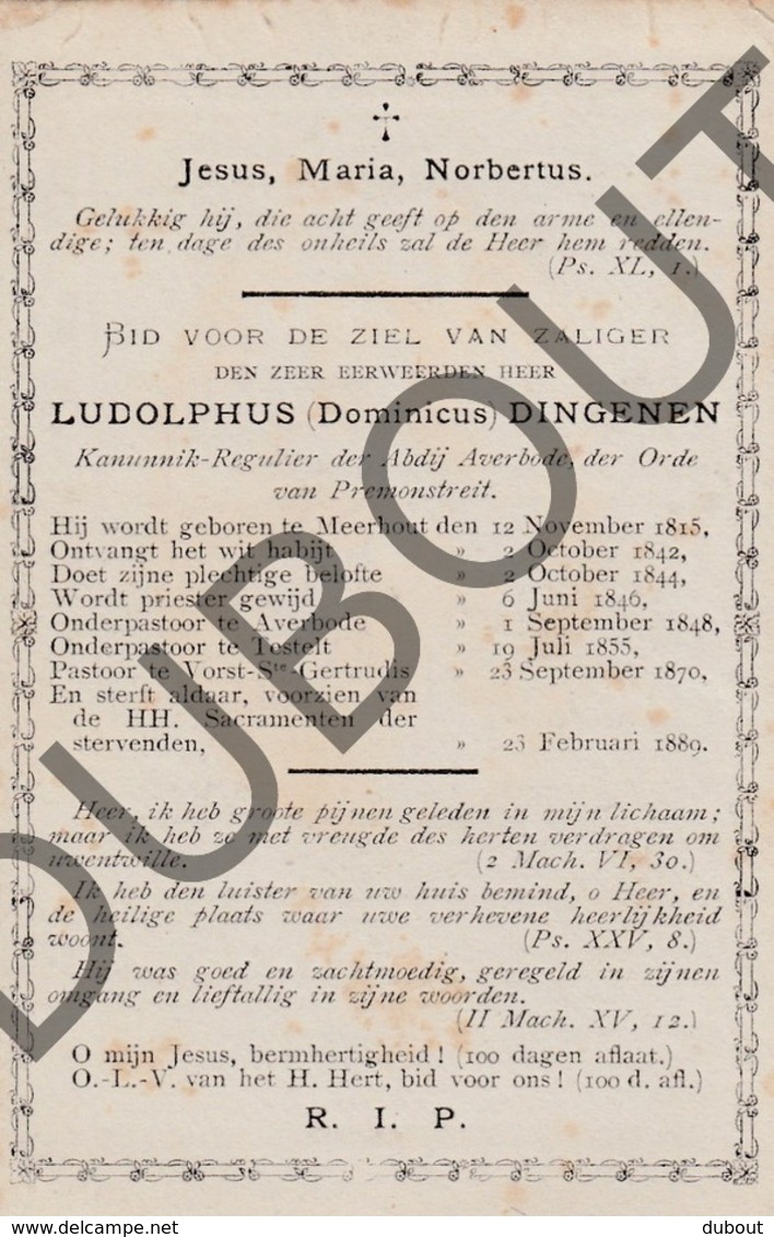 Doodsprentje Pater/Frère Ludolphus Dingenen °1815 Meerhout †1889 Vorst St.Gertrudis / Averbode / Testelt (F113) - Décès
