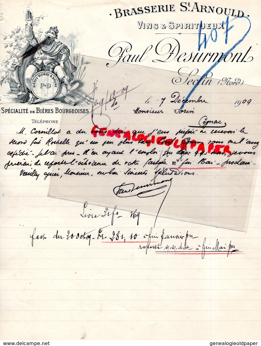 59- SECLIN- RARE LETTRE MANUSCRITE SIGNEE PAUL DESURMONT-BRASSERIE ST SAINT ARNOULD-BIERES BOURGEOISES-1909 - Straßenhandel Und Kleingewerbe