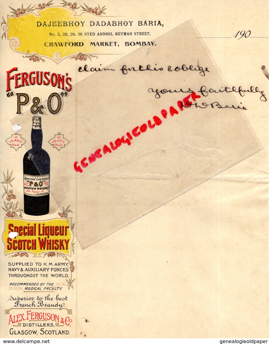 INDE-BOMBAY- RARE CRAWFORD MARKET-DAJEEBHOY DADABHOY BARIA-FERGUSON'S P & O- SCOTCH WHISKY-GLASGOW ALEX FERGUSON-1900 - Altri & Non Classificati