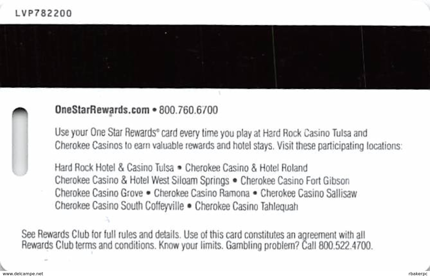 Hard Rock Casino - Tulsa OK - Slot Card With LVP782200 Over Mag Stripe - Casino Cards