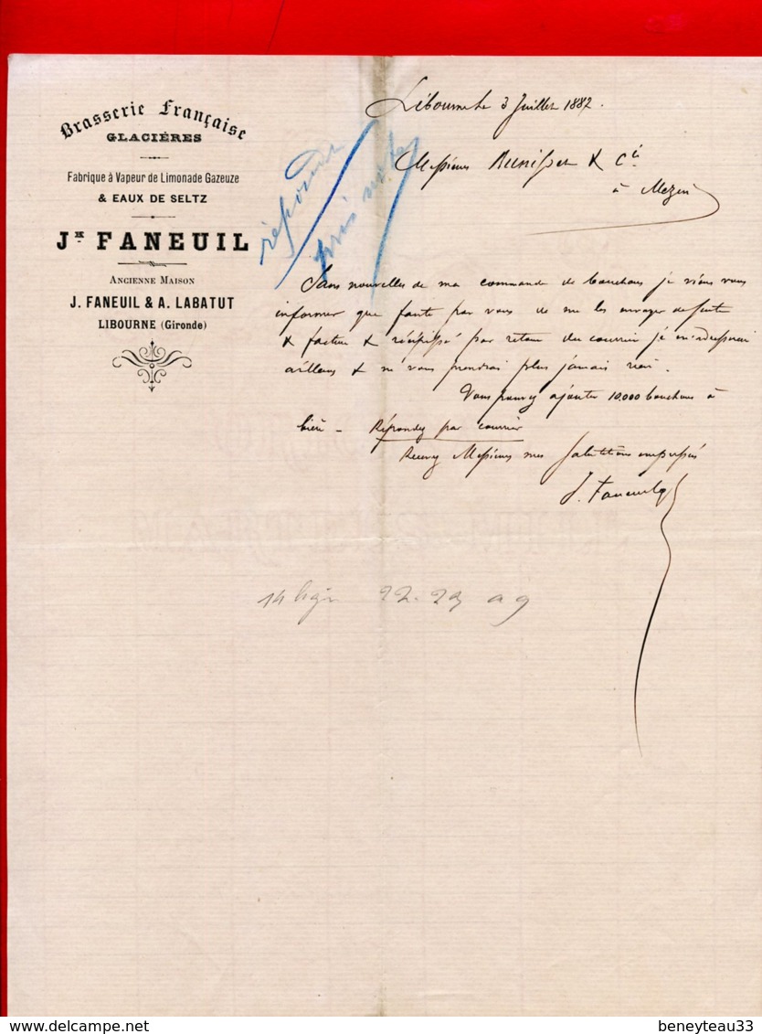 FACTURE (Réf : D334) BRASSERIE FRANÇAISE GLAÇIÈRE Limonade Gazeuse & EAUX DE SELTZ JH. FANEUIL LIBOURNE - 1800 – 1899