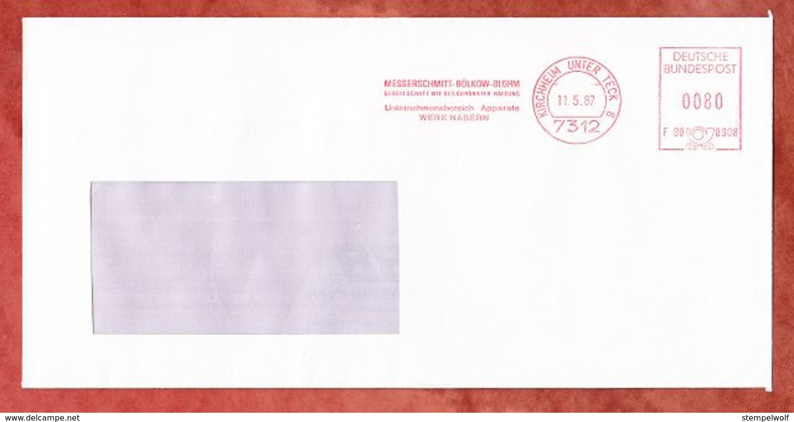 Brief, Francotyp-Postalia F90-8908, Messerschmitt-Boelkow-Blohm Werk Nabern, 80 Pfg, Kirchheim Unter Teck 1988 (61375) - Maschinenstempel (EMA)