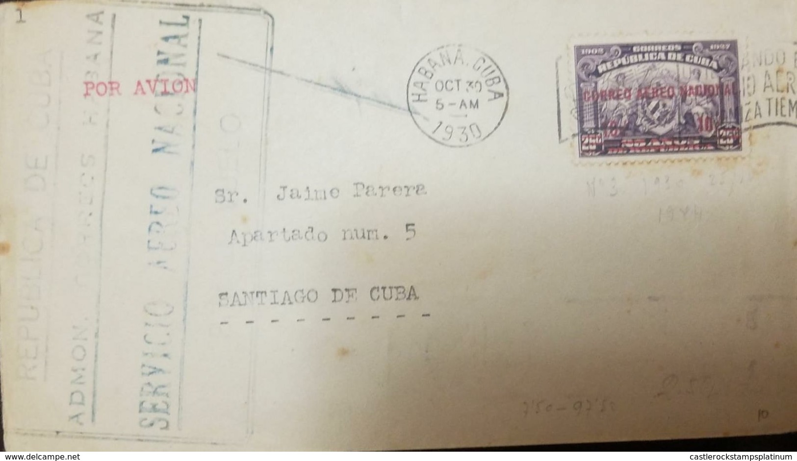 O) 1930 CUBA-CARIBBEAN-SPANISH ANTILLES, ARMS OF REPUBLIC ANNIVERSARY OF THE REPUBLIC SC C3-OVERPRINT SURCHARGE CORREO A - Covers & Documents