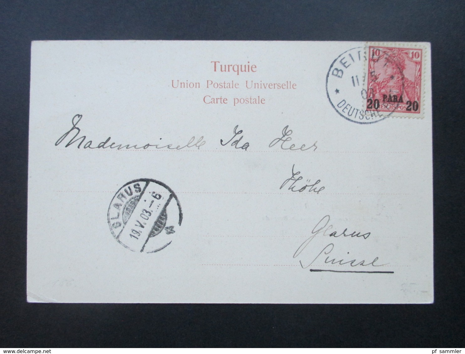 AK 1903 Kolonie DP Türkei Souvenir De Beyrouth Stempel K1 Beirut Deutsche Post In Die Schweiz Gesendet. Glarus Suisse - Deutsche Post In Der Türkei