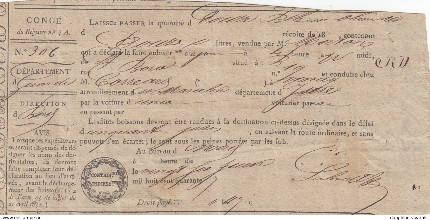 LAISSER PASSER CONGE POUR VINAY ISERE 1847 - VIN DE BORDEAUX - Autres & Non Classés