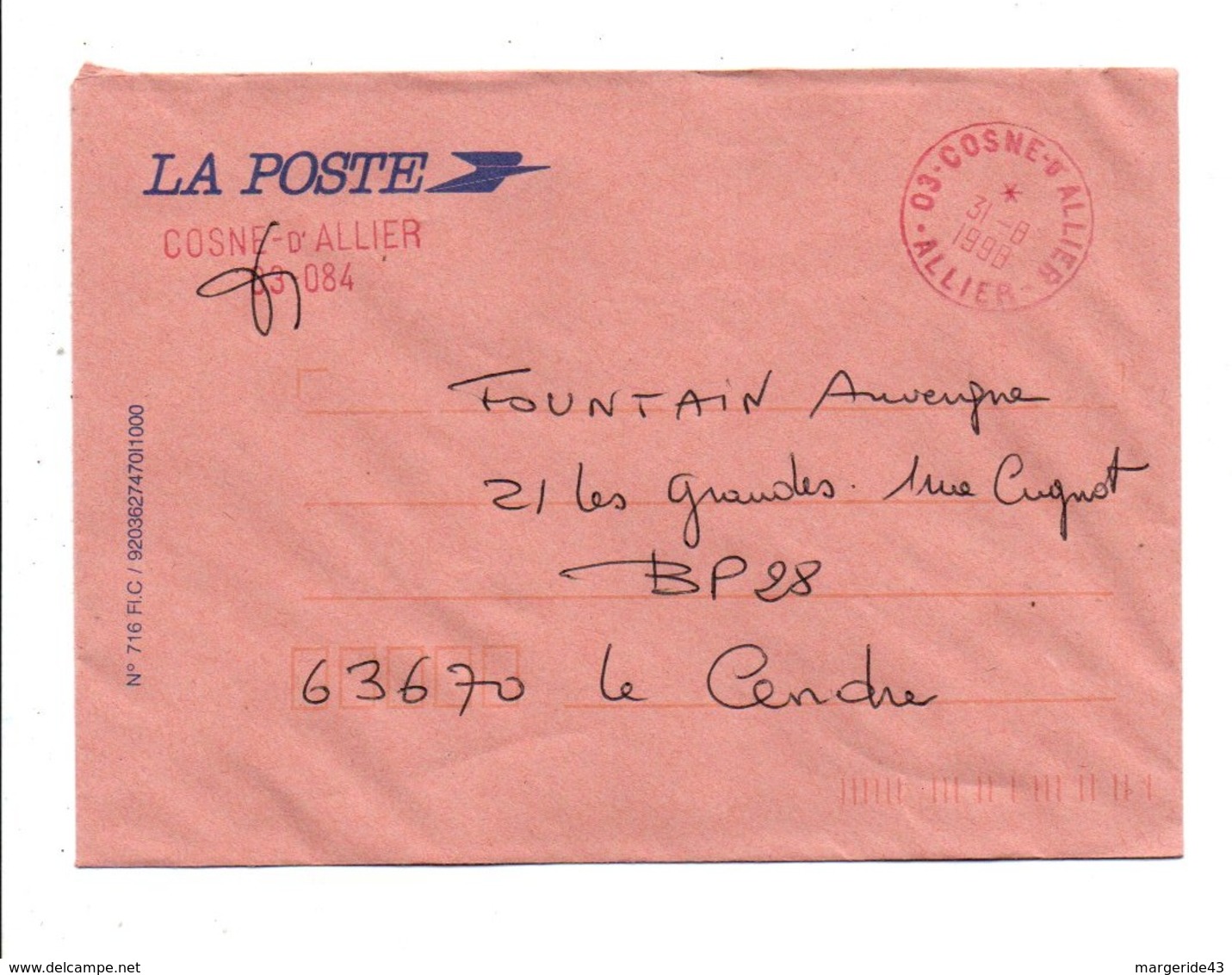 GRIFFE + OBLITERATION DE COSNE D'ALLIER 1998 - Manual Postmarks