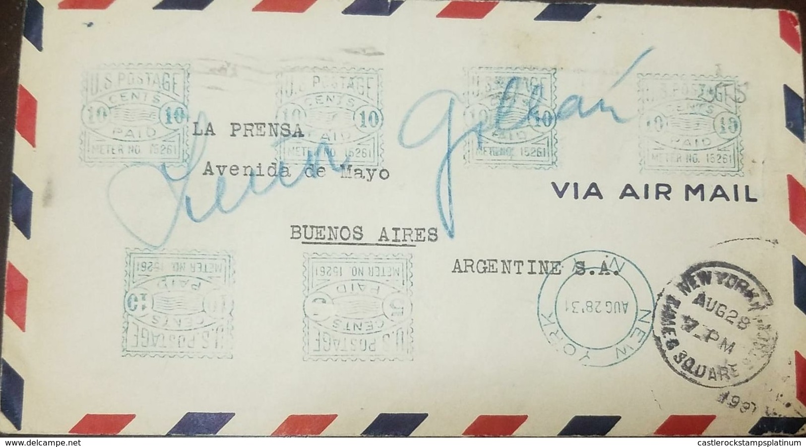 O) 1931 UNITED STATES-USA, MULTIPLE METER STAMP-​FRANCHISING, US POSTAGE PAID, TO ARGENTINA, XF - Brieven En Documenten