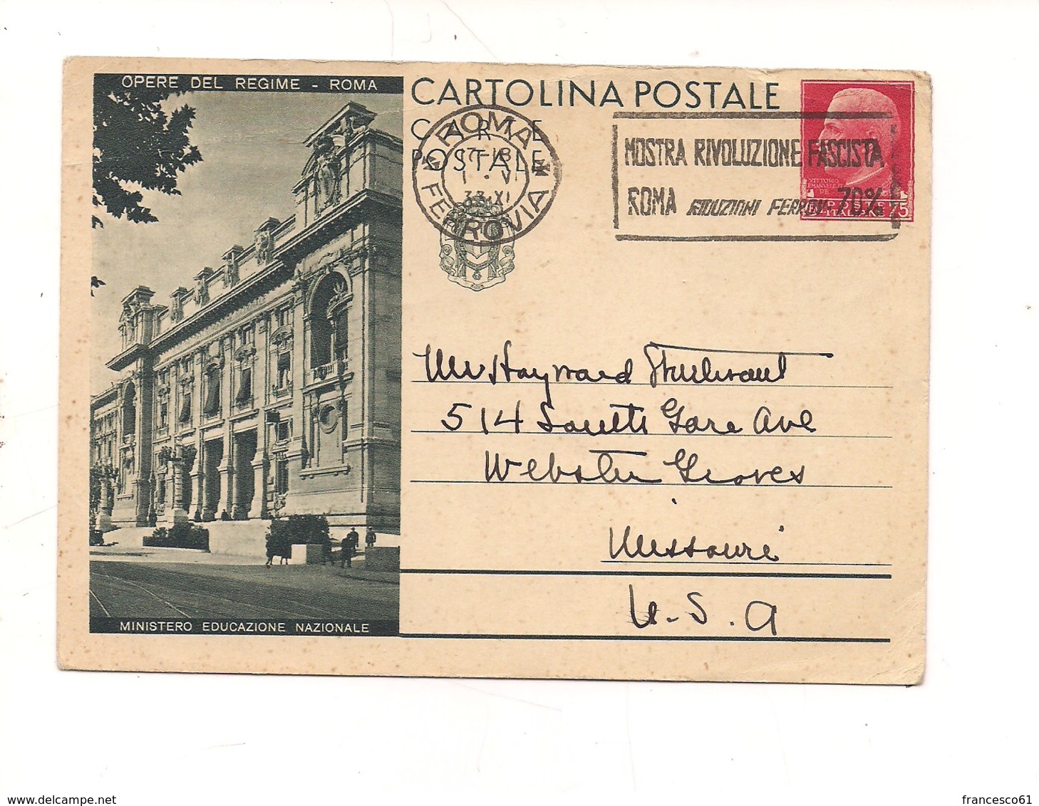 2777) Intero Postale OPERE REGIME 75c MINISTERO EDUCAZIONE NAZIONALE 1933 ROMA X USA - Interi Postali