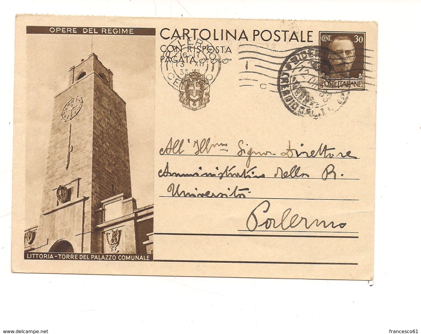 2780) Intero Postale OPERE REGIME 30c LITTORIA TORRE 1933  DOMANDA - Interi Postali