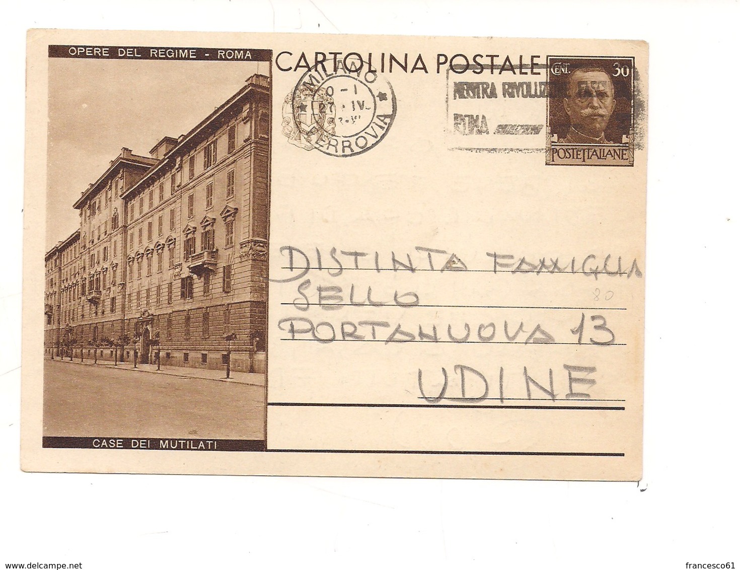 2798) Intero Postale OPERE REGIME 30c ROMA CASA MUTILATI  STEMMA A SX 1933 - Interi Postali