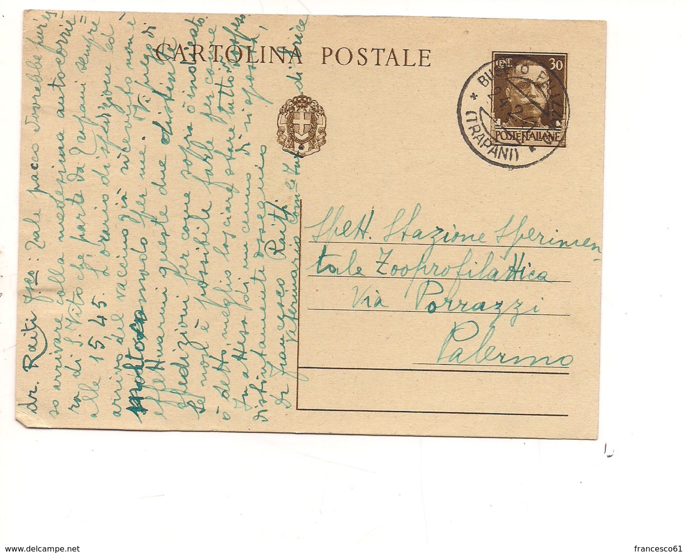 2805) Intero Postale IMPERIALE 30c 1941 ANNULLO BUSETO PALIZZOLO TRAPANI - Storia Postale