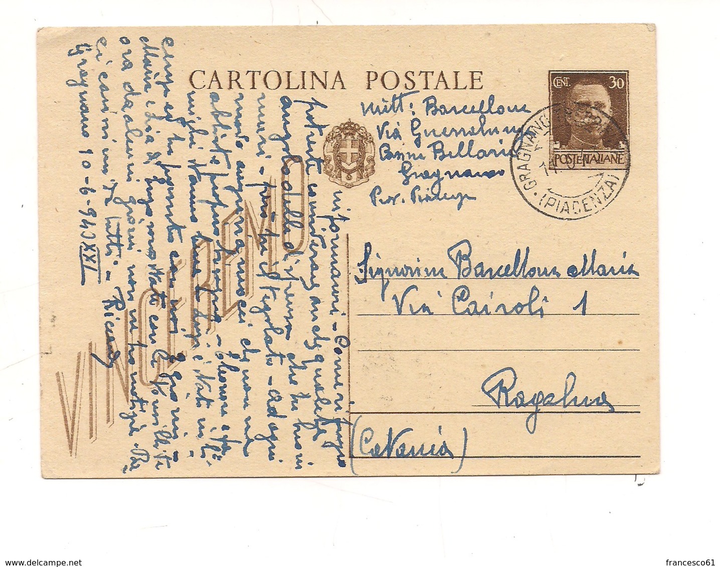 2806) Intero Postale IMPERIALE 30c VINCEREMO 1943 ANNULLO GRAGNANO PIACENZA - Storia Postale