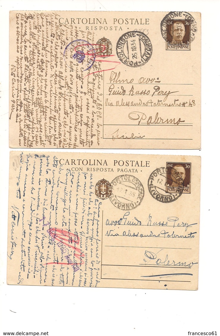 2808) Intero Postale IMPERIALE 30c DOMANDA RISPOSTA 1934-35 ANNULLO PORTOLONGONE LIVORNO - Marcophilia