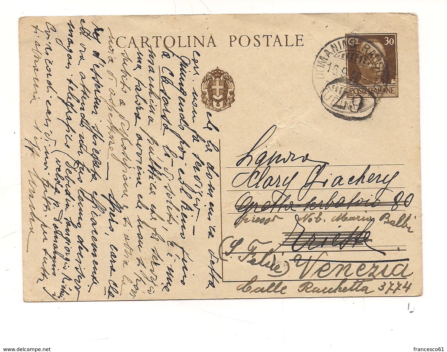2809) Intero Postale IMPERIALE 30c 1940 ANNULLO DOMANINS UDINE - Storia Postale