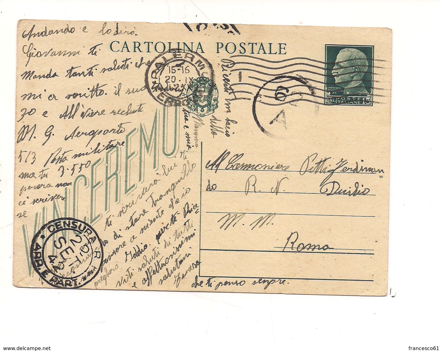 2814) Intero Postale IMPERIALE 15c VINCEREMO1942 ANNULLO TARGHETTA TARIFFA RIDOTTA MARINAIO - Storia Postale