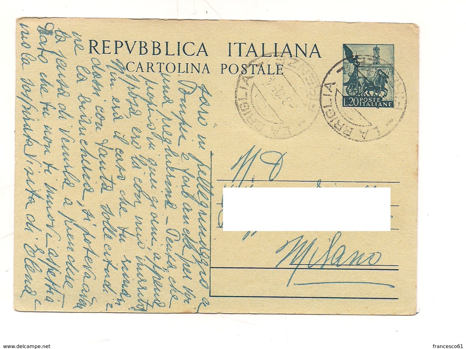 2822) Intero Postale £20 Quadriga Annullo LA BRIGLIA FIRENZE 1954 - Interi Postali