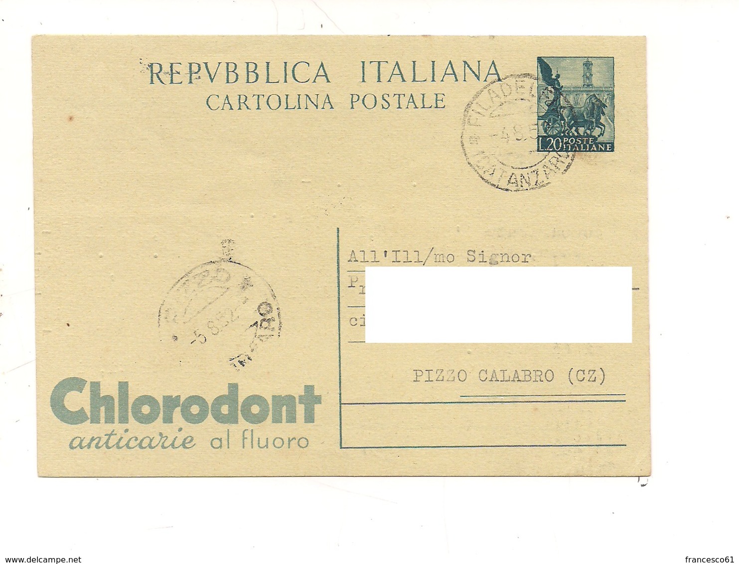 2823) Intero Postale £20 Quadriga CHLORODONT Annullo FILADELFIA CATANZARO - Interi Postali