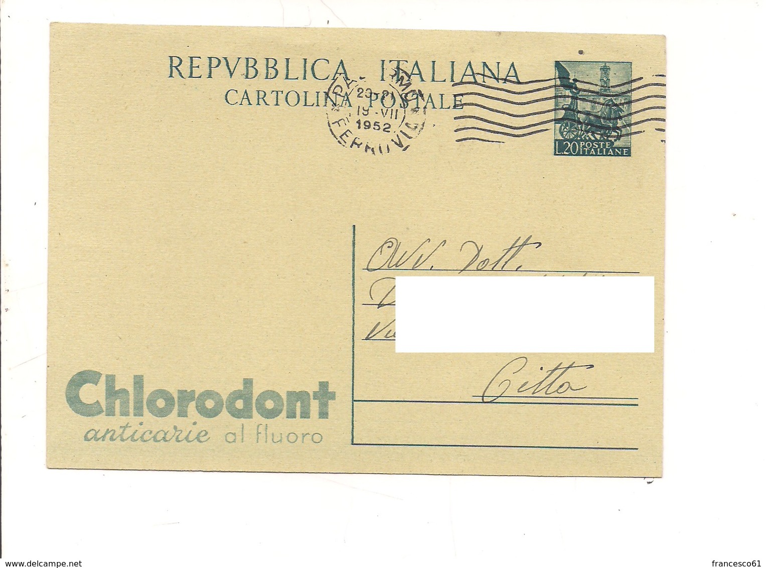 2824) Intero Postale £20 Quadriga CHLORODONT 19-7-1952 Palermo X Distretto - Entero Postal