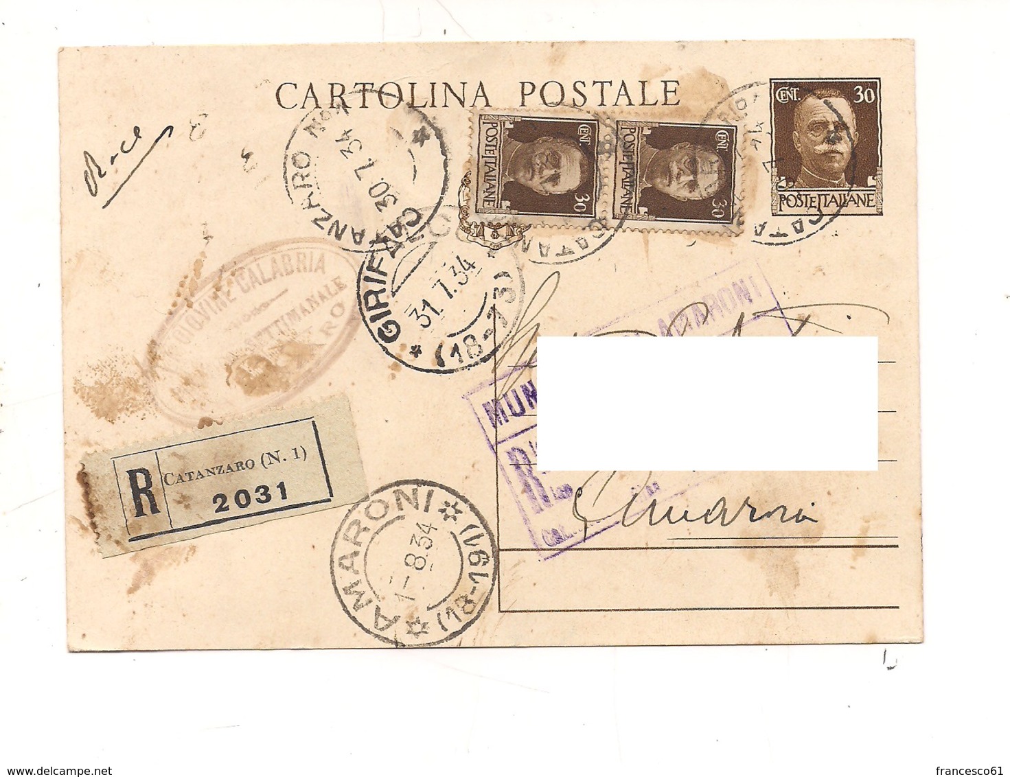 2826) Intero Postale 30c 1934 Raccomandata Gemelli Annullo Frazionario Girifalco Amaroni - Storia Postale