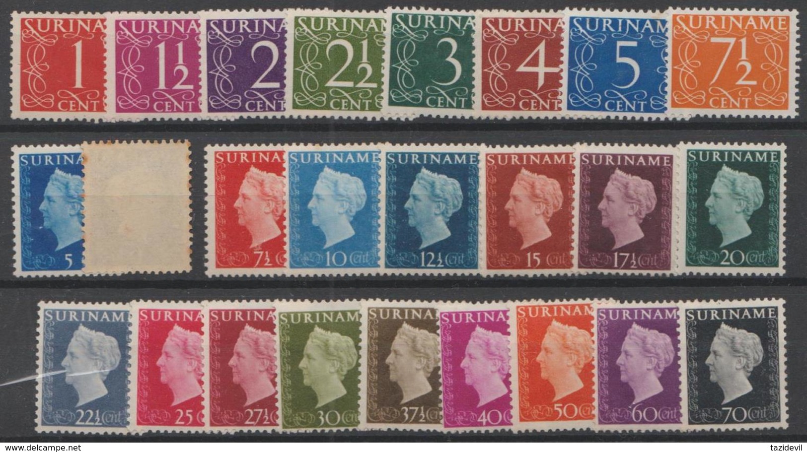 SURINAM - 1948 Numerals And Queen Wilhelmina. Scott 211-233. Mint Light Hinge - Surinam ... - 1975