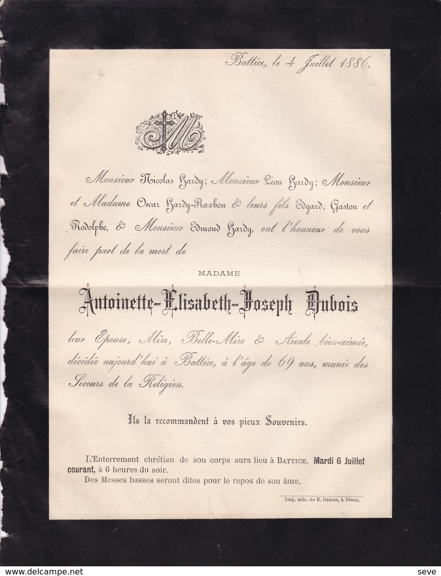 BATTICE DISON Antoinette DUBOIS épouse Nicolas HARDY 69 Ans 1886 Faire-part Mortuaire RAXHON - Décès