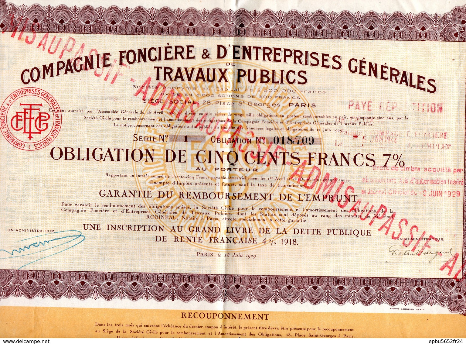 Lot 2 Obligations De 500 F Cie Foncière & D'entreprises Générales De Travaux Publics De 1929  Obligation N° 018707 Et 09 - Banque & Assurance