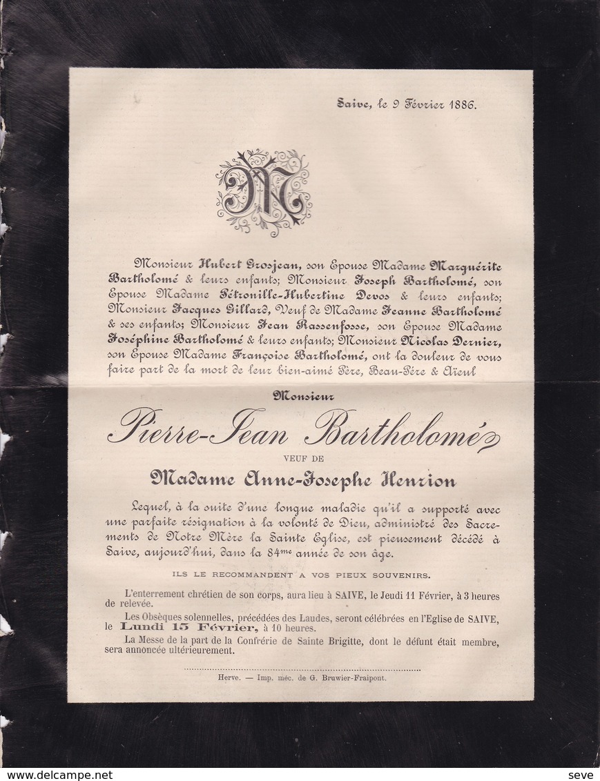 SAIVE Région De Herve Pierre-Jean BARTHOLOME Veuf HENRION 84 Ans 1886 Famille GROSJEAN DEVOS - Décès