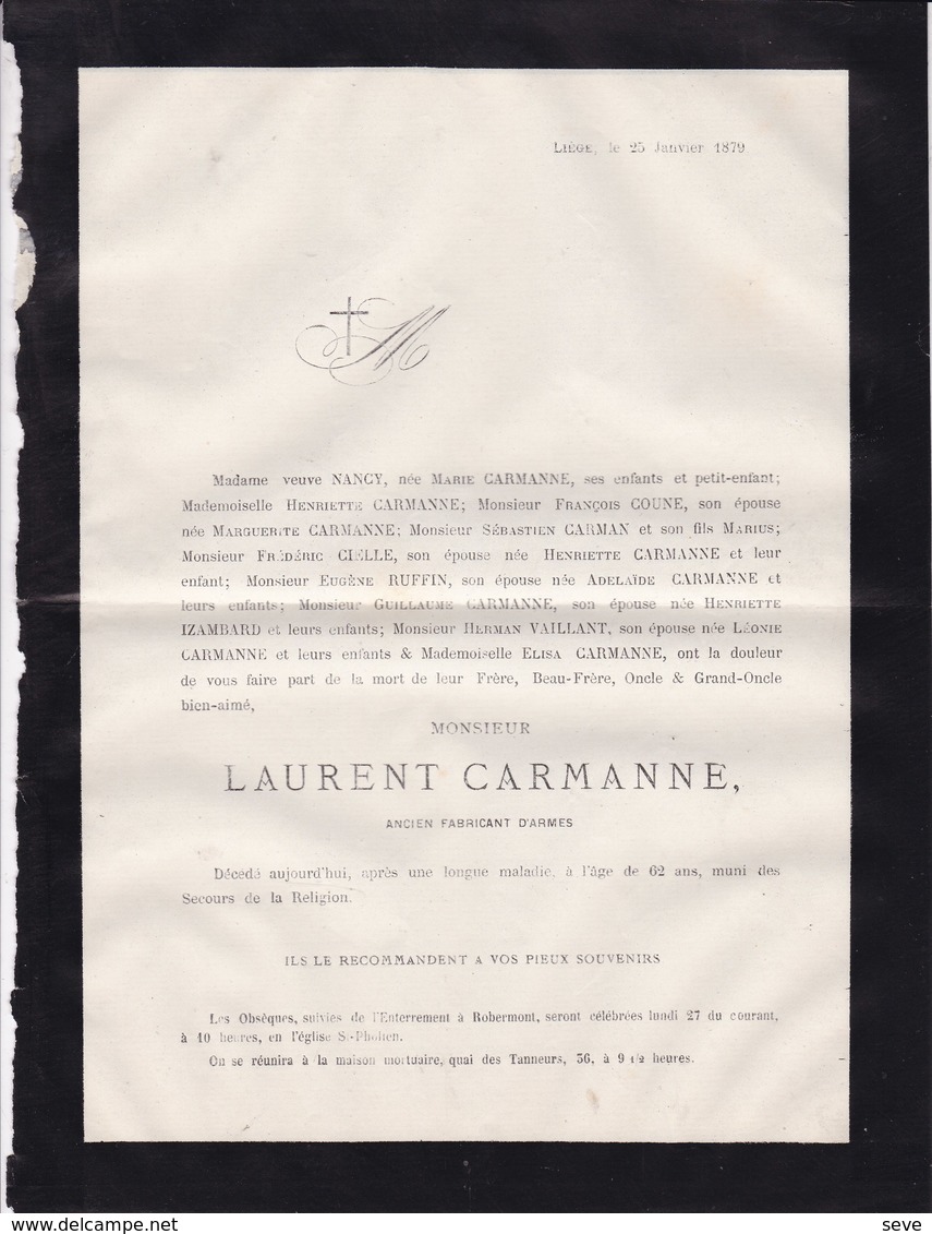 LIEGE ROBERMONT Ancien Fabricant D'armes Laurent CARMANNE 62 Ans 1879 Faire-part Décès COUNE RUFFIN - Avvisi Di Necrologio