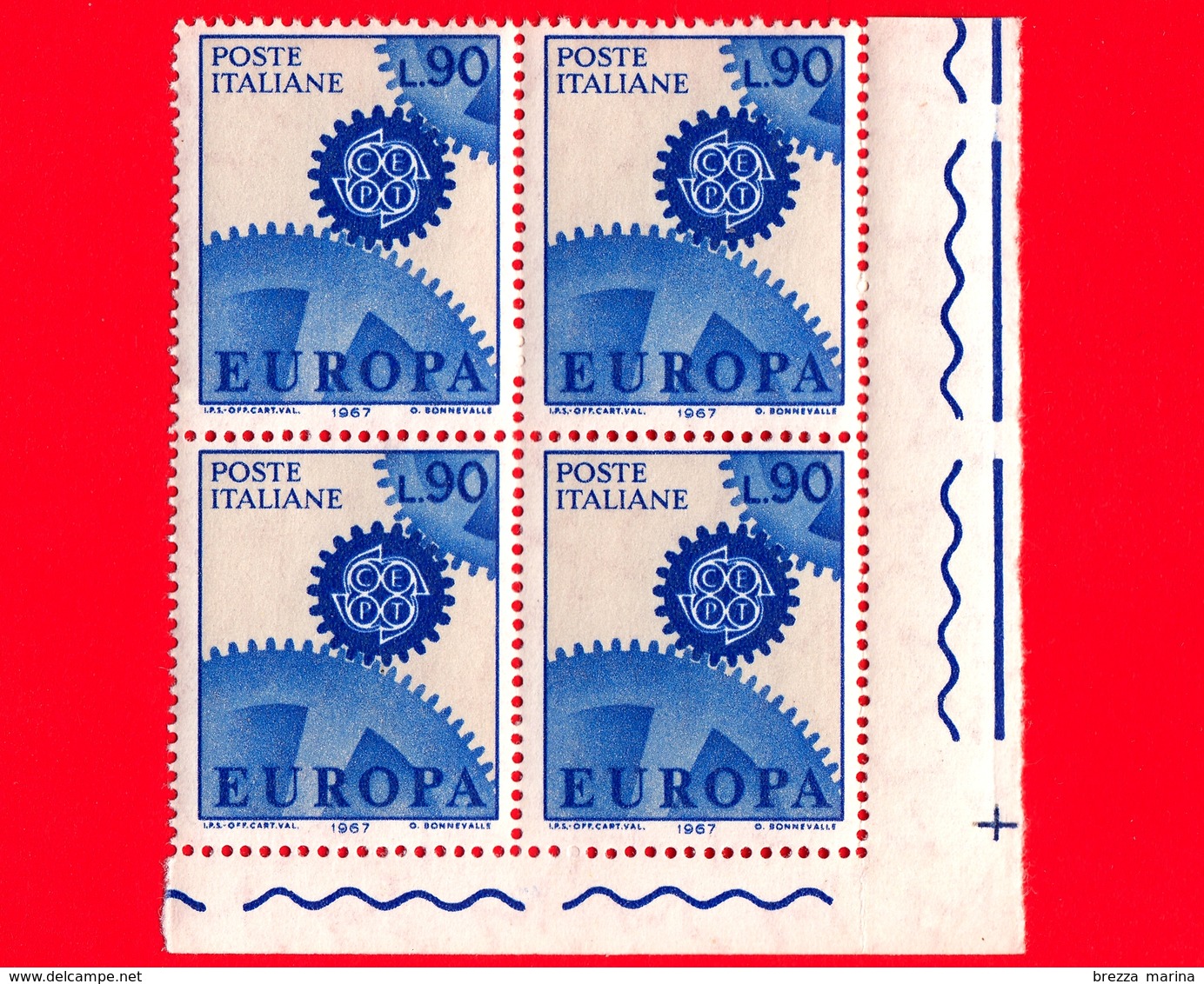 Nuovo - MNH - ITALIA - 1967 - Europa - 12ª Emissione - 90 - Quartina - 1961-70:  Nuovi