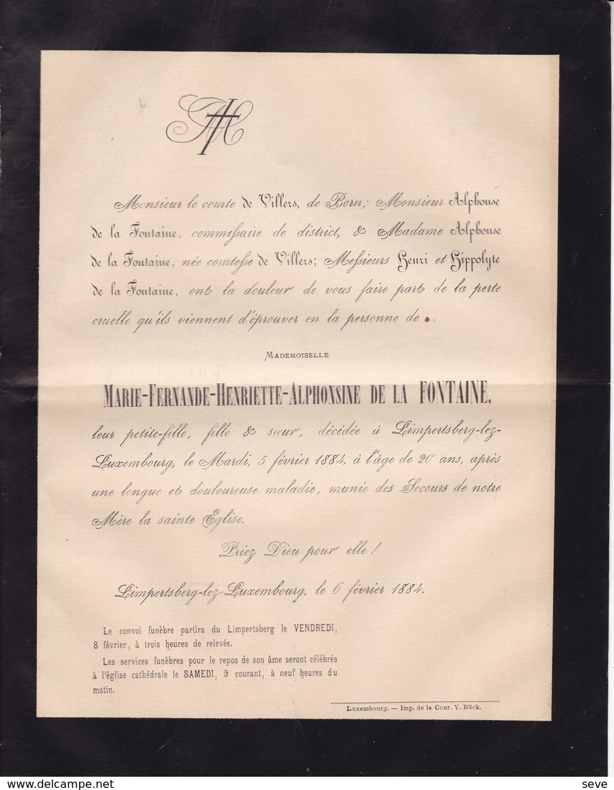 LIMPERTSBERG-LEZ-LUXEMBOURG Marie-Ferdinande De La FONTAINE 1864-1884 Famille VILLERS De BORN - Décès