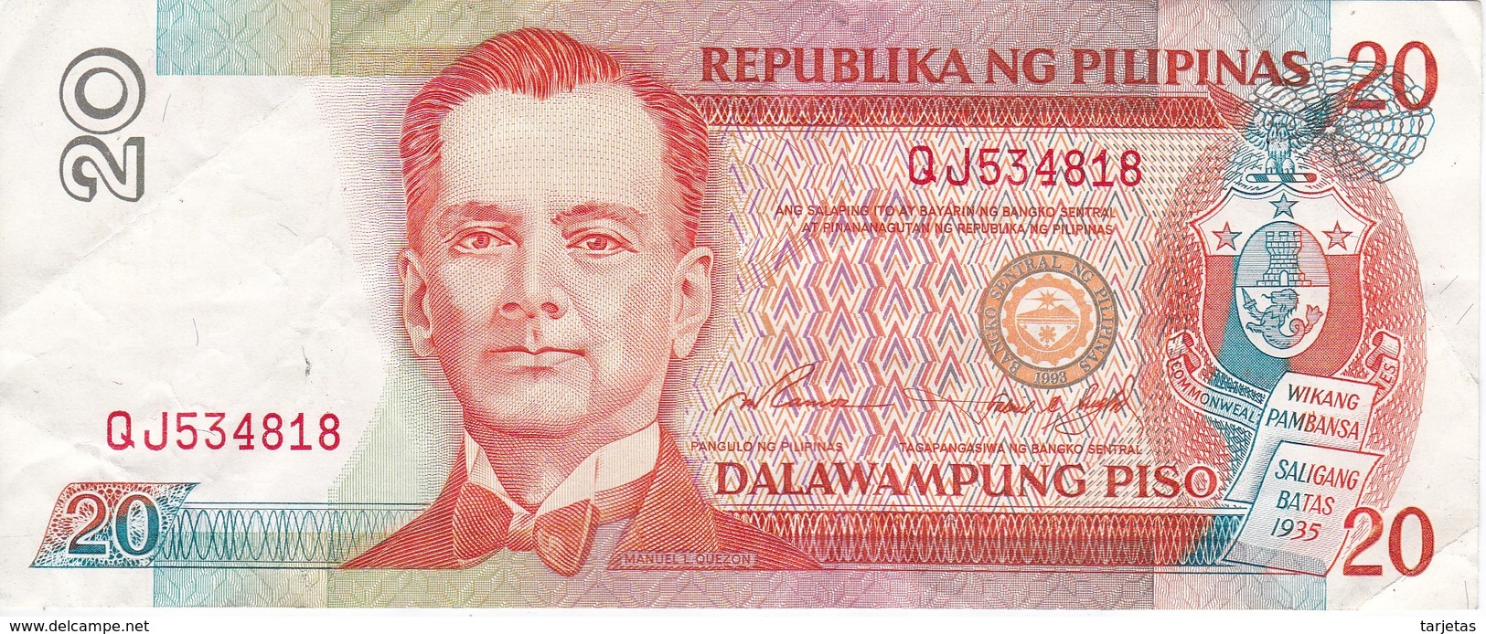 BILLETE DE FILIPINAS DE 20 PISO NUMEROS ROJOS  (BANKNOTE) (RARO) - Filipinas