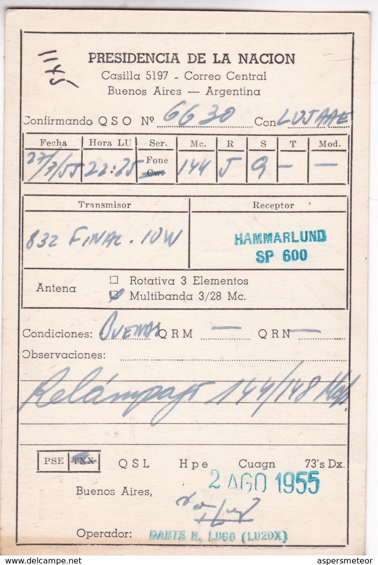 LU8ABL, PRESIDENCIA DE LA NACION, CIRCULEE 1955 A ARGENTINE. QSL RADIOHAM- BLEUP - Radio-amateur