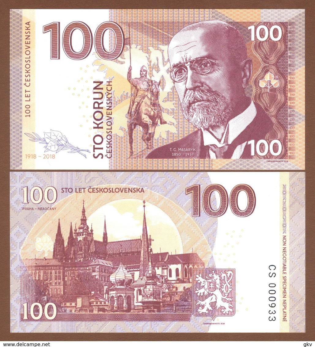 CZECHOSLOVAKIA 100 Korun 2018 UNC. 100 Years Of Czechoslovakia. Masaryk. Private Essay. Specimen. - Autres & Non Classés