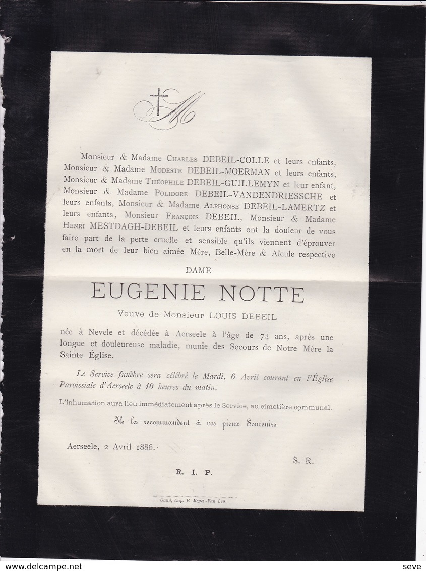 NEVELE AERSEELE Eugénie NOTTE Veuve Louis DEBEIL 74 Ans 1886 Familles COLLE MOERMAN GUILLEMYN - Décès