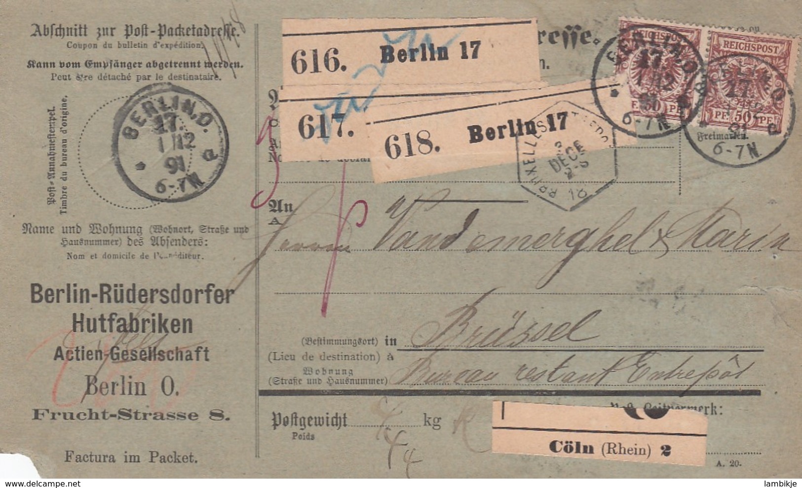 Deutsches Reich Paketkarte 1891 - Briefe U. Dokumente