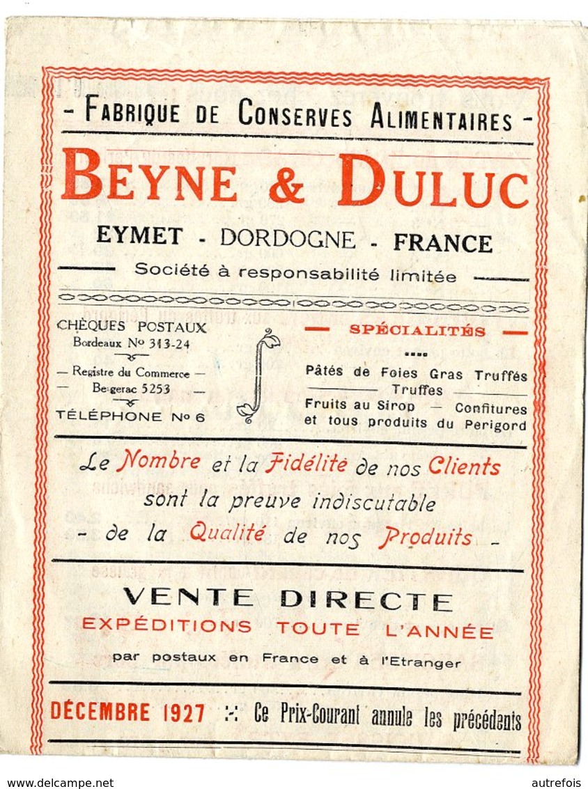 24  EYMET  BEYNE & DULUC  FABRIQUE DE CONSERVES ALIMENTAIRE FOIES GRAS  TRUFFE  PRUNE D ENTE TARIF RECTO VERSO 1927 - Alimentaire