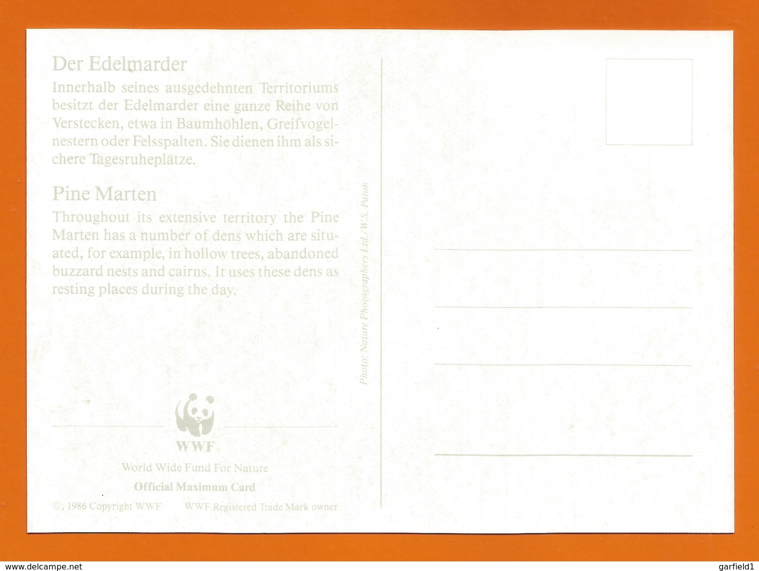 Irland 1992   Mi.Nr. 800 , Pine Marten - WWF Maximum Karte - First Day  9.VII.1992 - Maximumkarten