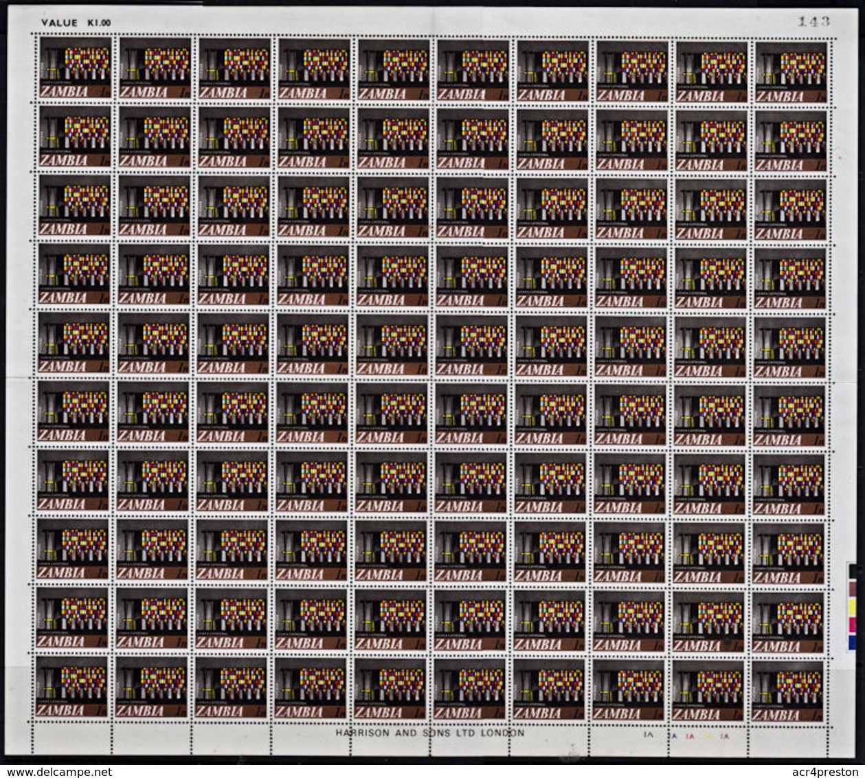 J0108 ZAMBIA 1968, SG 129 Lusaka Cathedral Window, Complete Sheet MNH - Zambia (1965-...)